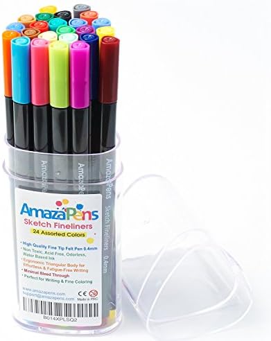 AmazaPens Fineliner Coloring Pens Premium Sketch Colored Pen Fine Tip Point 0.4mm Bleed Resistant Water Based Ink, Assorted Vibrant Colors, 24 Pce Colored Pens for Journals, Diaries and Home Office