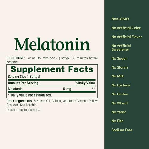 Image of Nature's Bounty Melatonin, 100% Drug Free Sleep Aid, Dietary Supplement, Promotes Relaxation and Sleep Health, 5mg, 90 Softgels (Pack of 1)