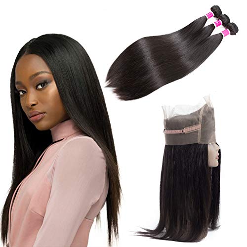 SKYDO 360 Lace Frontal Closure With Bundles Straight Unprocessed Brazilian Straight Hair 3 Bundles with 360 Lace Closure Human Hair Weave Bundles Natural Black(20 22 24 + 18)