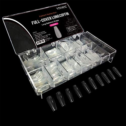 VIVACE Clear Long Stiletto 500pcs Artificial Fake Nail Tips,10 Sizes With Clear Plastic Case For Nail Salon