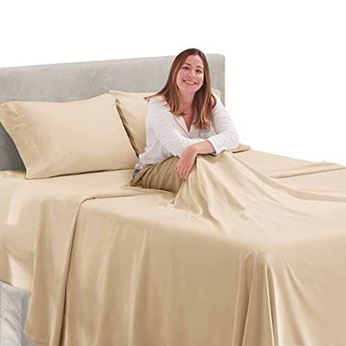 Image of Hearth & Harbor Extra Deep Pocket California King Sheet Set, Beige Cream | 4 Piece Bed Sheet Set, Ultra Soft & Breathable, Fits Up to 24 inch Mattress, Hotel Luxury