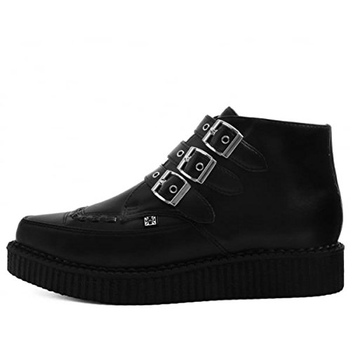 T.U.K. Black TUKskin 3-Buckle Pointed Creeper Boots for Men & Women, Low Platform Boot, Gothic Punk Retro Alternative Fashion Footwear3