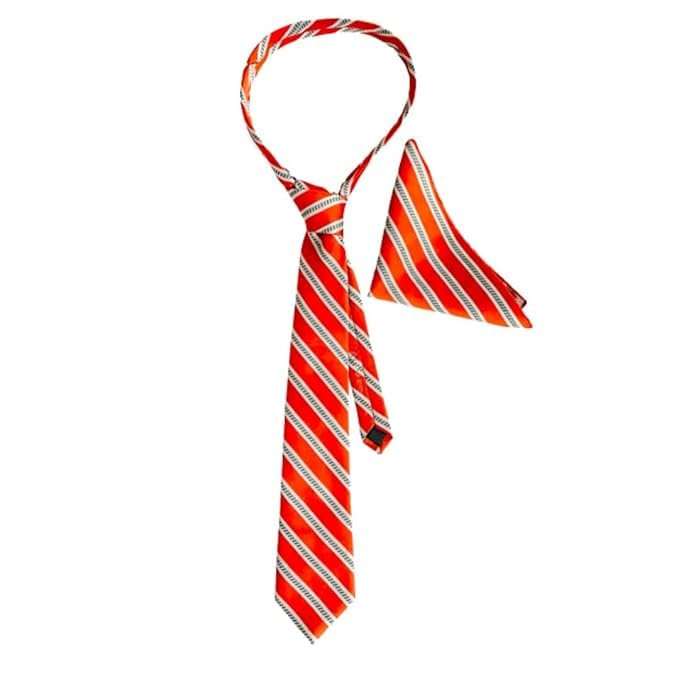 Stripes Design, Poly Cotton Smooth Fabric, Red Roomy with White Track Stripes Neck Tie With Pocket Square-image-38
