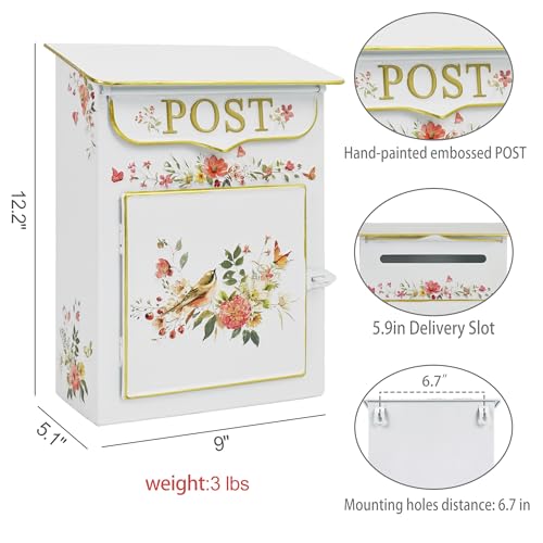 Image of Mailbox Wall Mount Mailboxes for Outside Vintage Mail Boxes for House Outside Metal Drop Box Antique Style Nostalgic Charm Home Decorative, Flower Pattern White