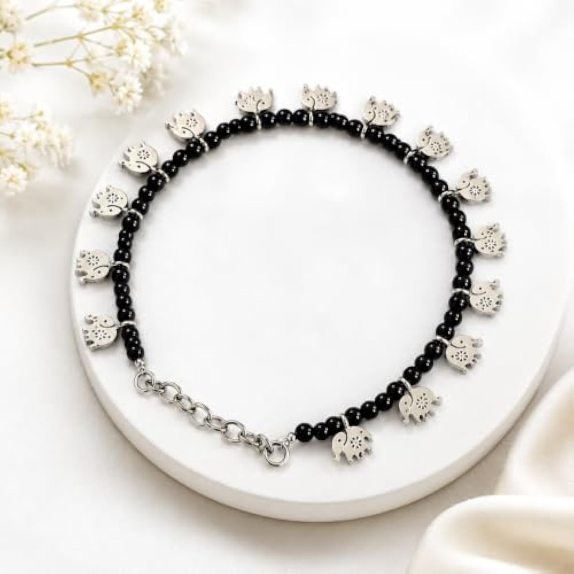 Women's Black Bead Anklet with Silver Elephant Charms