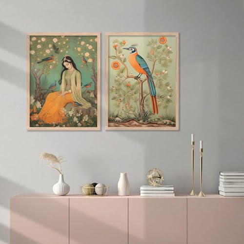 Image of kotart Traditional Indian Wall Art Painting Set of 2 | Woman with Birds & Nature Theme | MDF Wooden Framed Wall Decor for Living Room, Bedroom & Home (Art 10, 14x20 Inch)