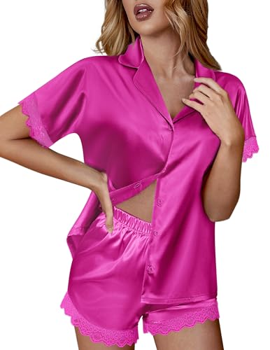 Image of Ekouaer Womens Lace Satin Pajama Set Button Down Pj Shorts Set Bridesmaids Getting Ready Outfits Casual Sleepwear XS-XXL