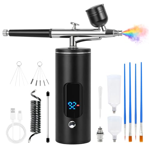Air Brush Paint Kit Rechargeable Cordless Airbrush Kit with Compressor 0.35mm Nozzle 3 Pressure Levels Non-Clogging Ideal for Nail Art Makeup Barber Painting & Cake Decorating