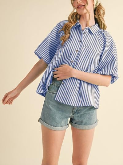 Women's Striped Button Down Shirt Puff Sleeve Collared V Neck Loose Casual Dressy Blouse Top - Image 5