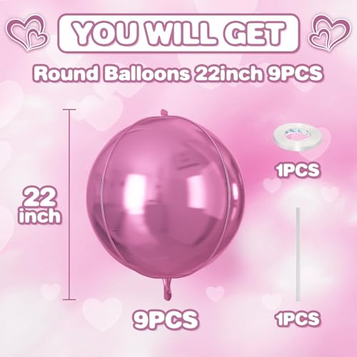 Image of 9 Pcs Pink Round Foil Balloons,22 Inch Metallic Pink Round Balloons | Pink Giant 4D Round Ball Balloons For Valentine's Birthday Wedding Anniversary Bridal Shower Party Decorations