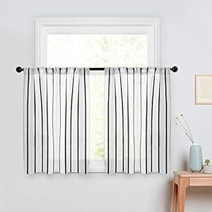 MRTREES Kitchen Curtains Striped Semi-Sheer Tier Curtains Farmhouse Pinstripes Linen Textured Short Cafe Curtain Panels for Bathroom Living Room RV Rustic (2 Panels, W30×L45, Black on White) MRTREES Kitchen Curtains Striped Semi Sheer Tier Curtains Farmhouse Pinstripes Linen Textured Short Cafe Curtain Panels for Bathroom Living Room RV Rustic 2 Panels W30L45 Black on White