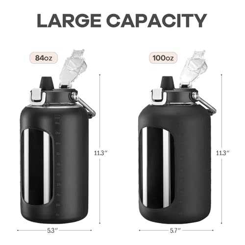 Image of WINSA 84 oz Glass Water Bottle with Straw, 2.5 Liter, Black | Gallon Drinking Bottle with Handle, Large Glass Water Jug, Silicone Sleeve for Gym Sports, Wide Mouth