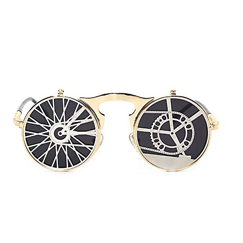 Lunettes de soleil punk cyber à double verre flip avec monture dorée et métal creux pour costume