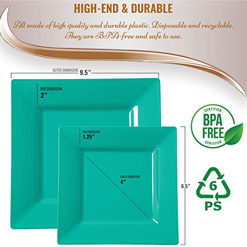 Elegant Disposable Plastic Plates 240 Count - 120Pcs Turquoise Heavy Duty Square Dinner Plates - 120Pcs Fancy Dessert Cake Appetizer Plates Set For Wedding, Mardi Gras, Birthday Party & All Occasions #TOP3