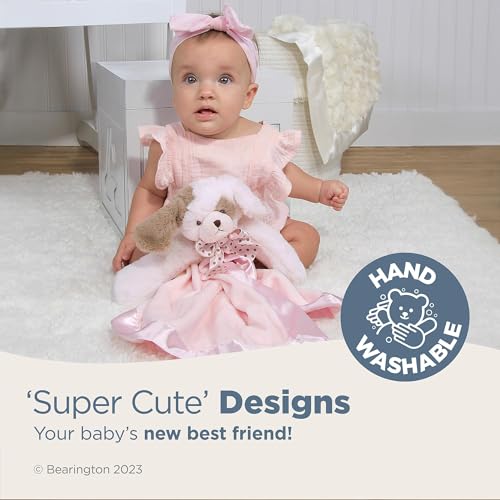 Bearington Baby Wiggles Snuggler - 15" Pink Puppy Lovey Security Blanket with Satin Trim and Plush Dog Design - Soft Lovie for Babies and Baby Security Blankets Gift for Girls and Newborns