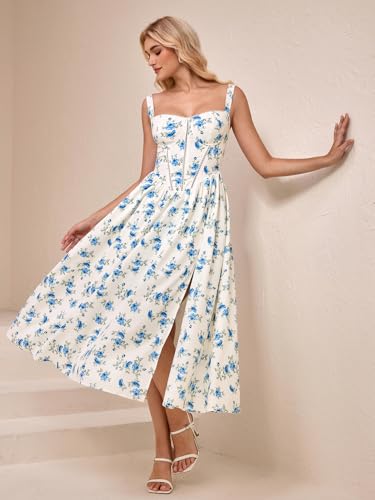 Image of KUTUMAI Floral Corset Midi Dress Flowy Slit Summer Spring Wedding Guest Dresses for Women Sundress with Pockets