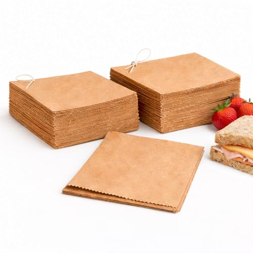 200 Paper Sandwich Bags 8x8 Brown Kraft Flat Food Bags for Sandwiches Bakery & Snacks Food Safe Paper Bags Bulk for Cafés Takeaway Catering & Lunch Use