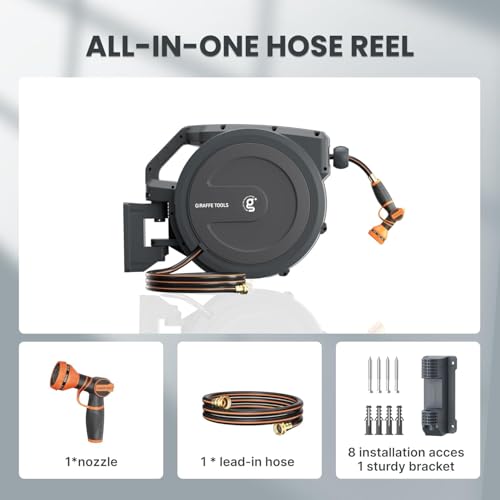 Image of Giraffe Tools Retractable Hose Garden Reel 1 /2 inch100FT Wall Mount Auto Rewind