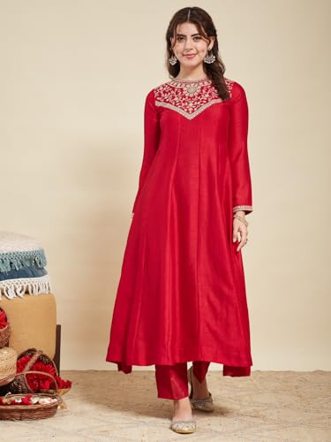 Image of MOKOSH Women's Embroidered Silk Anarkali Kurta Pant with Dupatta | Anarkali Kurta Set | Embroidered |Occasion & Festive Traditional | 3 Piece Outfit