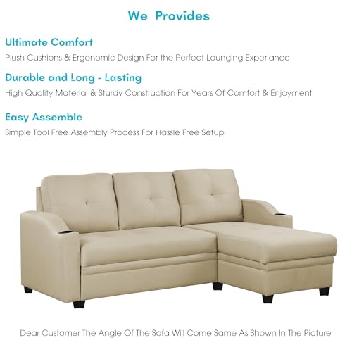 Image of Casaliving Ravonna RHS 4 Seater L Shape Corner Sofa Cum Bed for Living Room (Cream Fabric) Premium Fabric Sofa