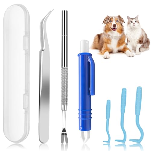 YIZWINS 7 Pcs Tire Tique, Pince à Tique de en Acier Inoxydable, Pince a Tique pour Chien, Crochet Tiques en Plastique, Pince a Tique Anti Tique pour Chats, Chiens en Humains (avec Boîte de Rangement)