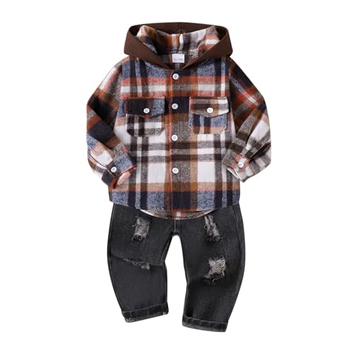 Image of Toddler Baby Boy Fall Winter Clothes Long Sleeve Plaid Hooded Sweatshirt Ripped Holes Jeans Set 1-5 Years Old