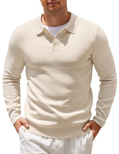 COOFANDY Men's Knit Polo Shirts Casual Long Sleeve Collared Pullover Sweaters Quarter Button Ribbed Vintage Polo Sweater