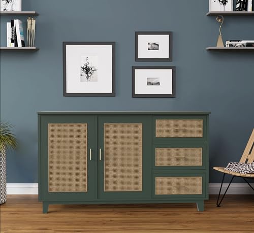 PLANKO Solid Wood Sideboard Storage Cabinet with 3 Drawer and 2 Door for Living Room Home Office Wooden Kitchen Cabinet Furniture | Serene Green