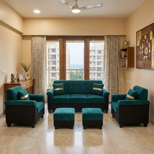 Image of FURNY Woodswave 5 Seater Sofa Set with Velvet Fabric, 3+1+1+2 Puffy Sofa Set for Living Room (Teal-Black) Durable & Comfortable | Ideal for Living Room