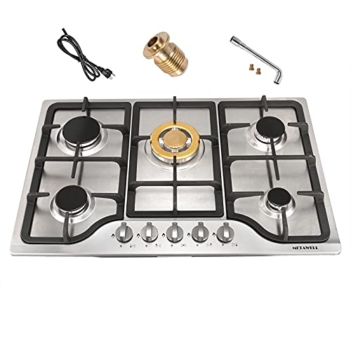30 inch Gas Cooktop Gas Stove 5 Burners Stainless Steel Built-in Gas Hob LPG/NG Dual Fuel Easy to Clean Thermocouple Protection