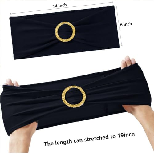 Image of Black Chair Sashes 50 Pack with Gold Buckle Slider, Spandex Sashes for Folding Chairs Wedding Party Banquet Decor