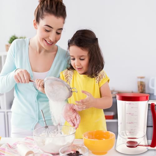 Pancake Batter Dispenser with Squeeze Handle - 4-Cup Measuring Dispenser for Pancakes/Cupcakes/Waffles - BPA-Free Pourer with Easy Clean Design - Professional Baking Tools, Red