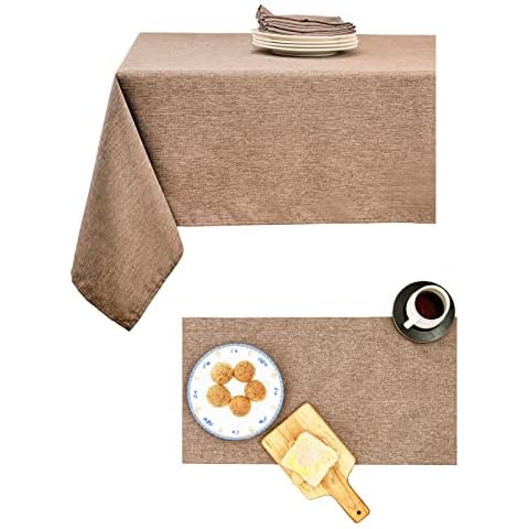 Mebakuk Rectangle Tablecloth and Table Runner Farmhouse Burlap Style, Waterproof Decorative Fabric for Outdoor Wedding and Dinner(Oblong Flaxen) Cover