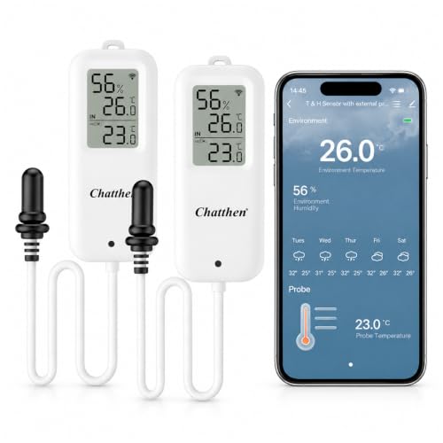 Chatthen 2er WLAN Thermometer mit Display & App, externem Temperaturfühler | 2er Set, Display + App, ±0,5 °C / ±5 % RH, 1 m Außenfühler, Alarm...