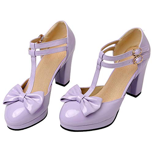 Parisuit Womens Mary Jane Chunky Platform Rockabilly Pumps T Strap High Heel Patent Leather Bowtie Dress Shoes - Main Image