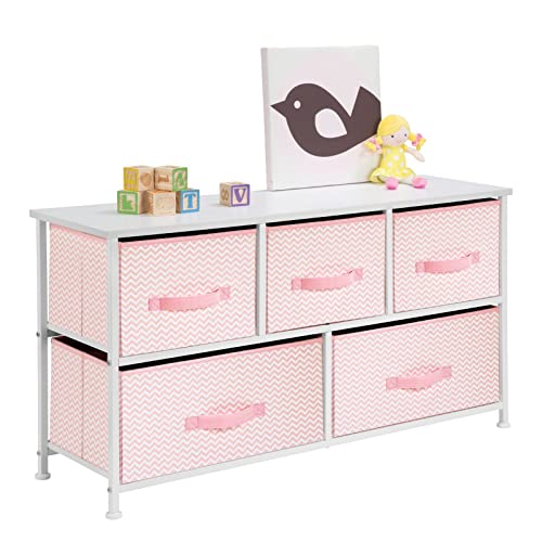 Mdesign Wide Steel Frame/Wood Top Storage Dresser Furniture Unit With 5 Removable Fabric Drawers, Large Bureau Organizer For Bedroom, Living Room, Closet - Spira Collection, Pink/White #TOP3