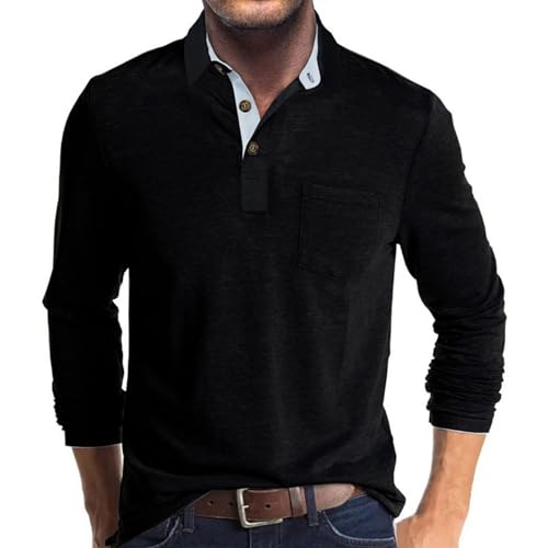 Men's Casual Long Sleeve Polo Shirts Button Classic Cotton Shirt