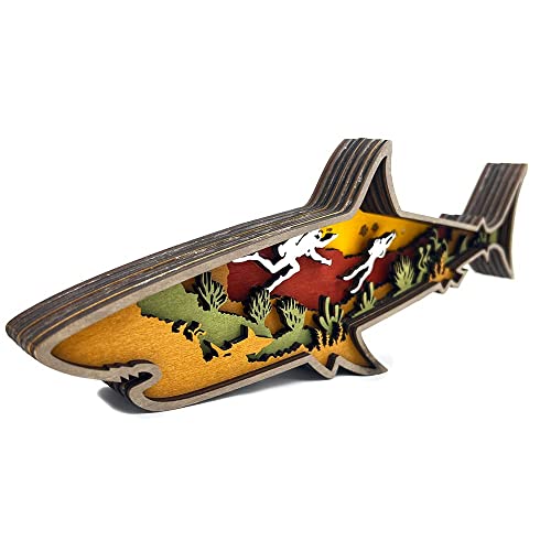Annoomm Animal 12Inch Shark Decor,Wooden Home Shark Statues And Figurines,Shark Wall Ornament Multilayer Woodland,Shark Silhouette And Sculpture,Shark Decoration For Wall Shelf Wood(Shark+Light) #TOP3