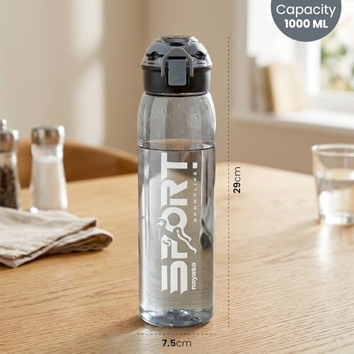 Image of Nayasa Turbine 1000 ml BPA Free Plastic Water Bottle | Leak Proof | Unbreakable | Wide Mouth with Scale | Sports Bottle | Black