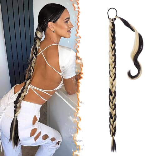BARSDAR 30 Inch Long Braid Ponytail Extension with Hair Tie - Straight Wrap Around Ponytail Hair Extensions Braid Pony Tail for Women Synthetic Pony Tails Hairpieces Daily - Brown with Blonde
