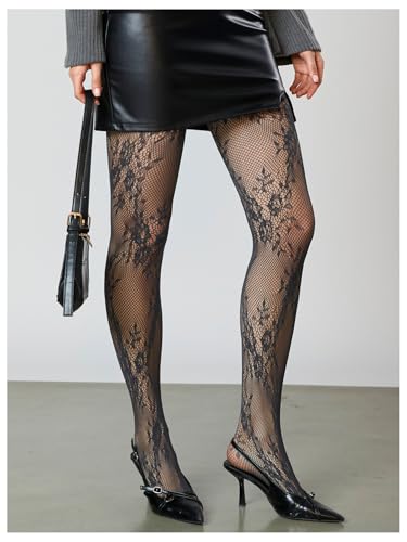 Image of RoseSeek Women's Floral Lace Fishnet Tights Kawaii Y2K See Through Stocking | Sheer Mesh, Lace Tights, Floral Lace Fishnet Tights, Thigh Highs, Leggings, Y2K Stockings