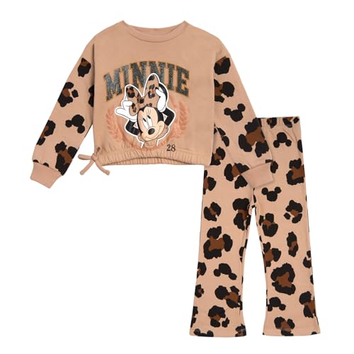 Disney Minnie Mouse Mickey Mouse - Conjunto de sudadera de forro polar y leggings acampanados para niños grandes (18 meses - 10-12), Beige, Minnie Mouse, Cheetah, 2 Años