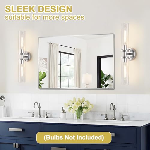 Image of Indoi Wall Sconces Set of Two, Hardwired Chrome Bathroom Sconces Wall Lighting with Clear Glass, Modern Sconces Wall Decor Set of 2 Bathroom Light fixtures for Mirror Living Room Hallway Bedroom