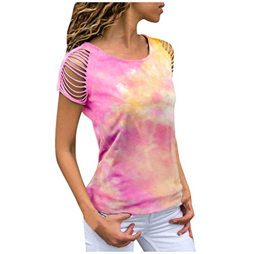 FONMA T Shirts for Women Loose Tie-dye Print Hollow Out Short Sleeve Top Blouse Pink