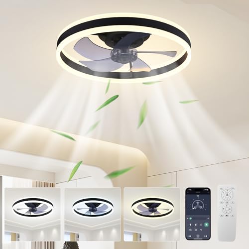 SenDeluz Modern 50cm Reversible Ceiling Fan with Lights, 6 Speeds, Remote & App Control, Black, 49.5x15cm, Living Room, Bedroom, Kitchen