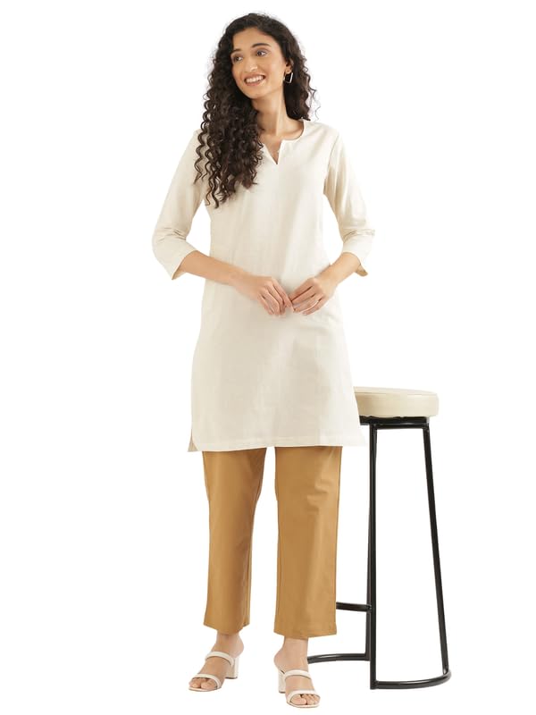 Image of SAADAA Airy Linen Mid Thigh Length Kurta for Women | Stylish Split Neck, 3 /4 Sleeves & Side Pockets | Comfortable Everyday Wear Kurta | Breathable Fabric |