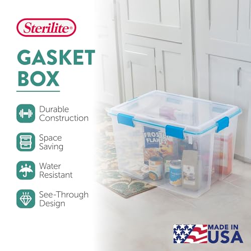 Image of Sterilite Gasket Storage Box with Lids for Home & Office, 80 Quart, 4-Pack | Heavy-Duty, Stackable, and Organizing Containers for Bathroom, Cabinet, Closet, and Garage, Clear and Blue Aquarium Latches