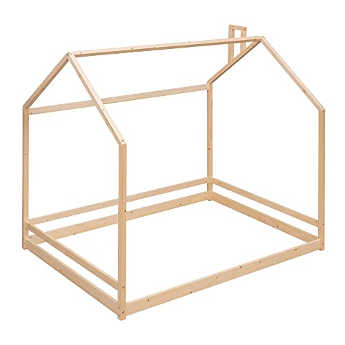 Bellemave Full House Bed For Toddlers Montessori Bed For Kids Wood Floor Bed Frame Bedroom Furniture For Girls Boys, Natural #TOP5