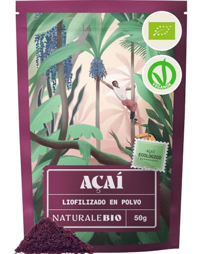 NaturaleBio Bayas de Acai Orgánico en Polvo - Freeze-Dried - 50g. Pure Acaí Berry Powder Extracto Crudo de la Pulpa de la Baya de açaí liofilizado. Bio cultivado en Brasil. Superalimento Ecológico.
