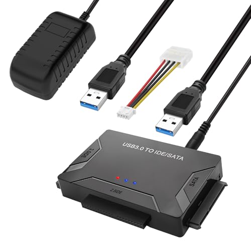 USB IDE oder SATA Adapter, universeller USB 3.0 Festplattenadapter f&uuml;r SATA HDD/SSD von 2,5/3,5 Zoll und IDE HDD, einschlie&szlig;lich 12 V 2 A Stromadapter und USB 3.0 Kabel